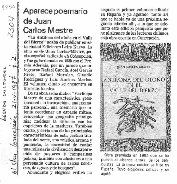 Aparece poemario de Juan Carlos Mestre  [artículo].