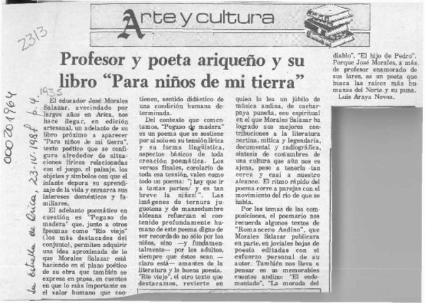 Profesor y poeta ariqueño y su libro "Para niños de mi tierra"  [artículo].