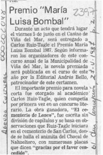 Premio "María Luisa Bombal"  [artículo].
