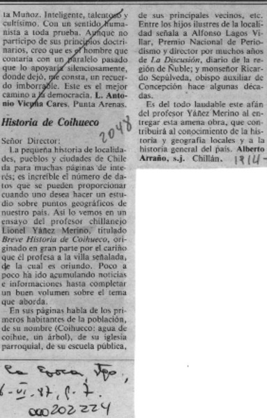 "Breve historia de Coihueco"  [artículo] Alberto Arraño.