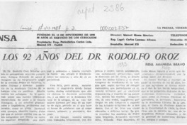 Los 92 años del Dr. Rodolfo Oroz  [artículo] Fidel Araneda Bravo.