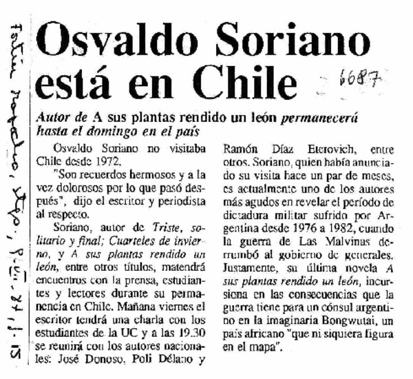 Osvaldo Soriano está en Chile  [artículo]