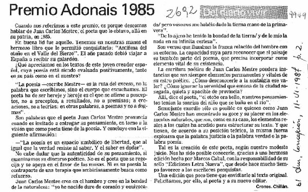 Premio Adonais 1985  [artículo] Cronos.