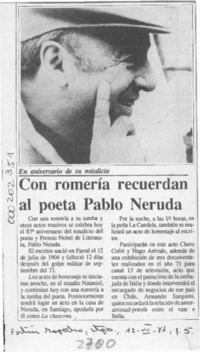 Con romería recuerdan al poeta Pablo Neruda  [artículo].