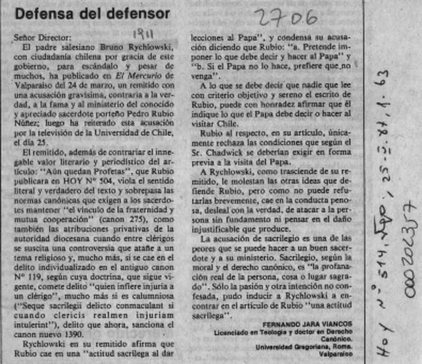 Defensa del defensor  [artículo] Fernando Jara Viancos.