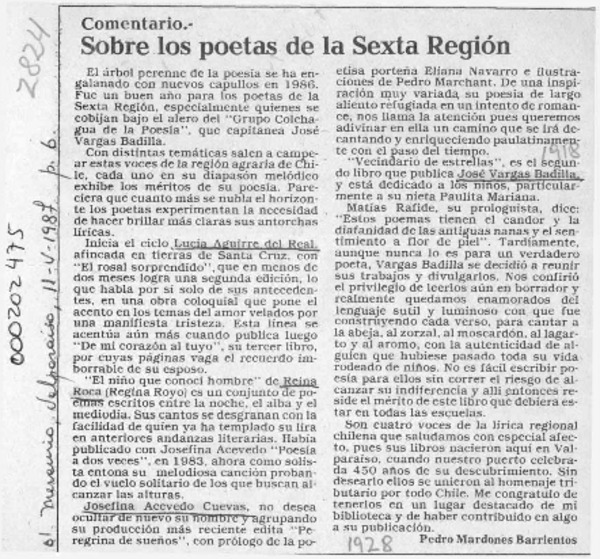 Sobre los poetas de la Sexta Región  [artículo] Pedro Mardones Barrientos.