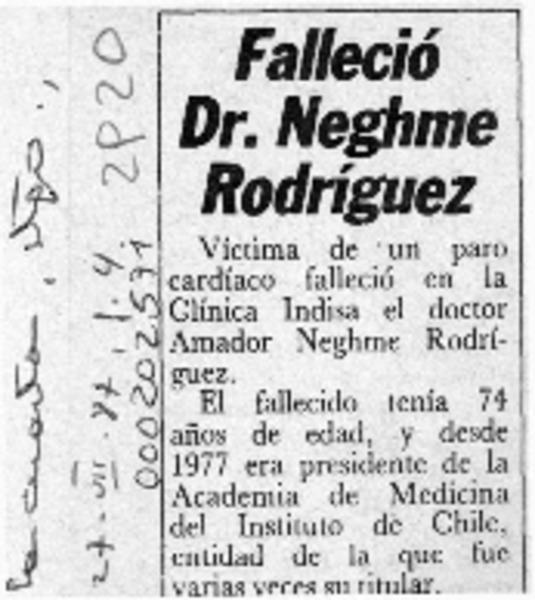 Falleció Dr. Neghme Rodríguez  [artículo].