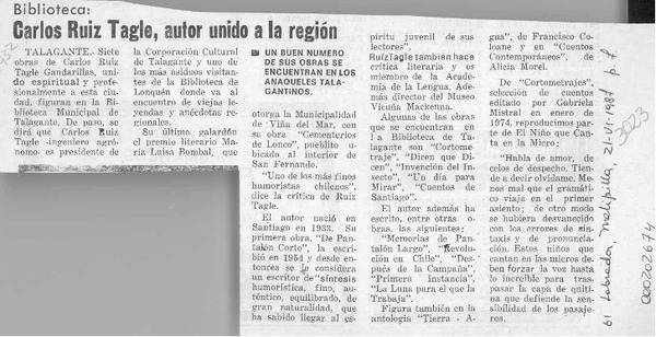 Carlos Ruiz Tagle, autor unido a la región  [artículo].