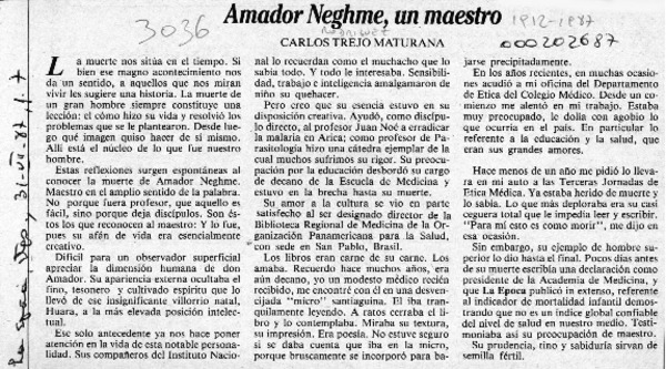 Amador Neghme, un maestro  [artículo] Carlos Trejo Maturana.
