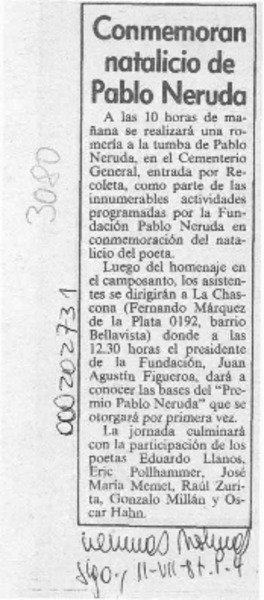 Conmemoran natalicio de Pablo Neruda  [artículo].