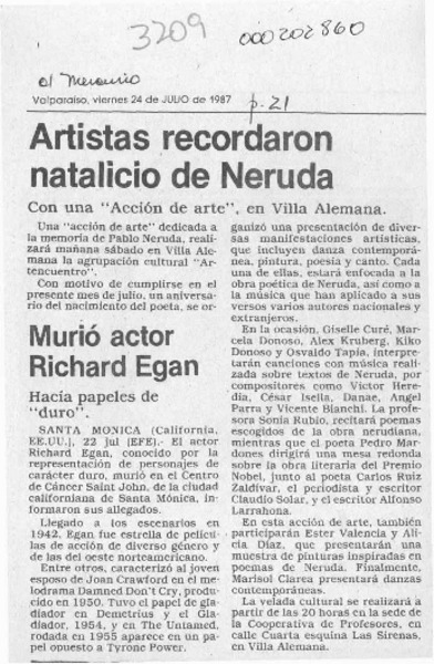 Artistas recordaron natalicio de Neruda  [artículo].