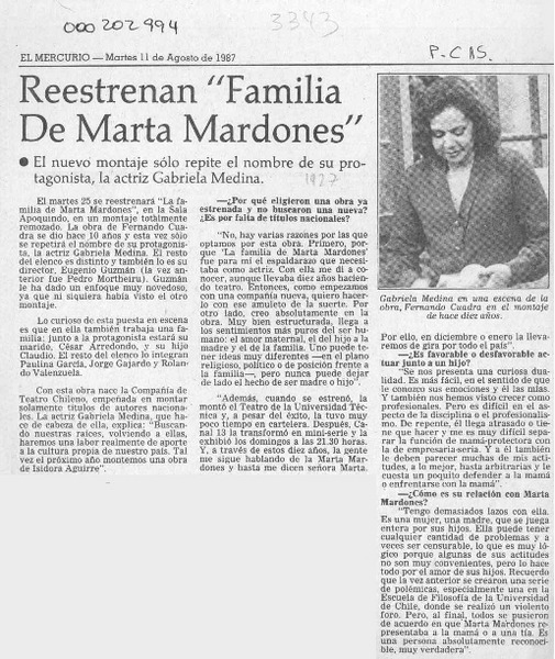 Reestrenan "Familia de Marta Mardones"  [artículo].
