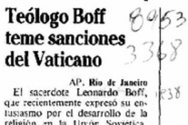 Teólogo Boff teme sanciones del Vaticano  [artículo].