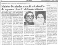 Ministro Fernández anunció autorización de ingreso a otros 21 chilenos exiliados