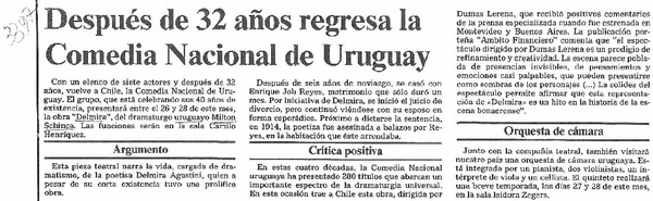 Después de 32 años regresa la Comedia Nacional de Uruguay  [artículo].