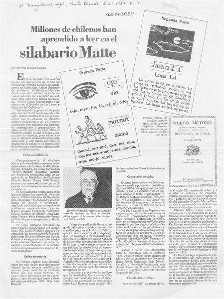 Millones de chilenos han aprendido a leer en el silabario Matte  [artículo] Marino Muñoz Lagos.
