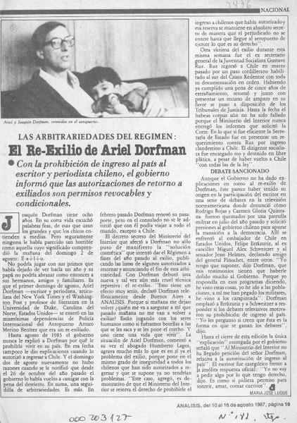 El re-exilio de Ariel Dorfman  [artículo] María José Luque.
