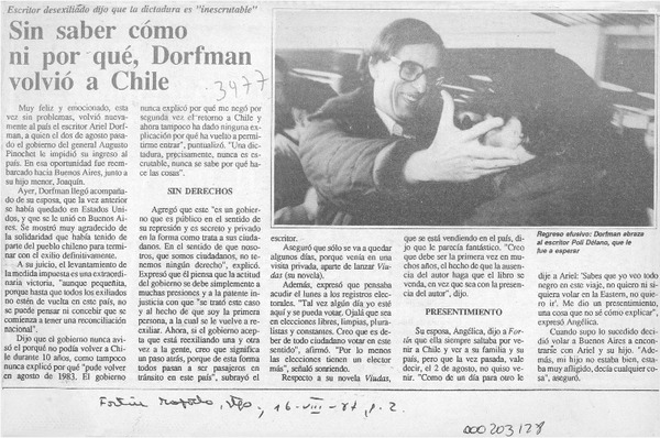 Sin saber cómo ni por qué, Dorfman volvió a Chile  [artículo].