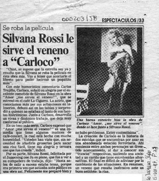 Silvana Rossi le sirve el veneno a "Carloco"  [artículo].