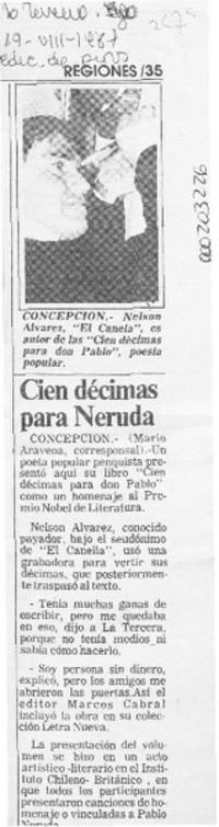 Cien décimas para Neruda  [artículo] Mario Aravena.