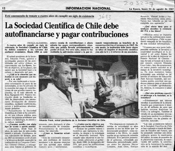 La Sociedad Científica de Chile debe autofinanciarse y pagar contribuciones  [artículo] Cecilia Alzamora.