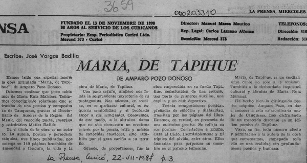 María de Tapihue  [artículo] José Vargas Badilla.