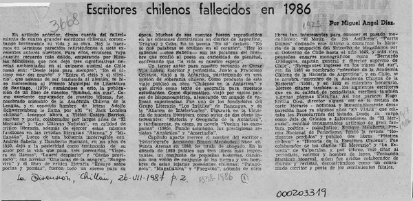 Escritores chilenos fallecidos en 1986  [artículo] Miguel Angel Díaz.