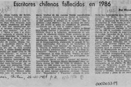 Escritores chilenos fallecidos en 1986  [artículo] Miguel Angel Díaz.