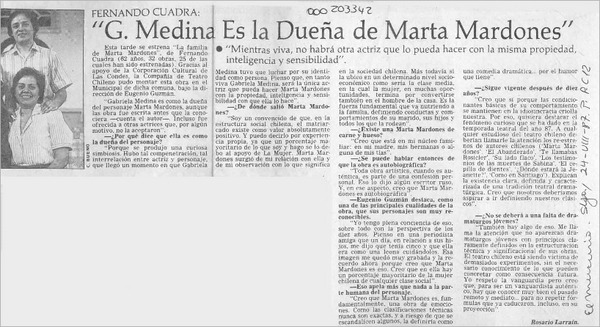 Fernando Cuadra, "G. Medina es la dueña de Marta Mardones"  [artículo] Rosario Larraín.