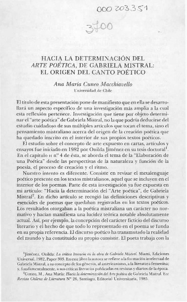 Hacia la determinación del arte poética de Gabriela Mistral, el origen del canto poético  [artículo] Ana María Cuneo Macchiavello.