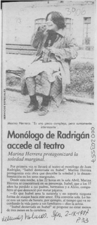 Monólogo de Radrigán accede al teatro  [artículo].