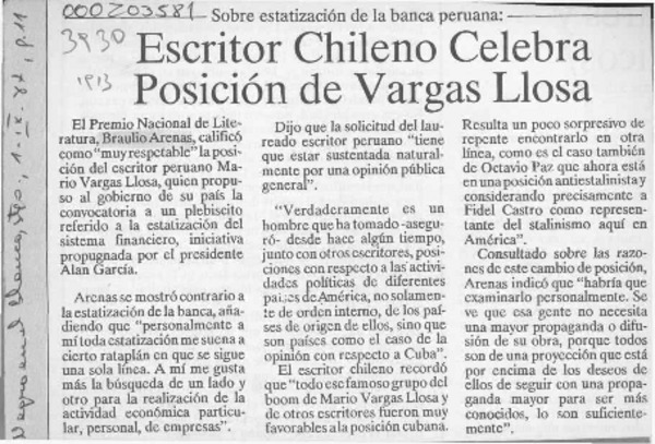 Escritor chileno celebra posición de Vargas Llosa  [artículo].