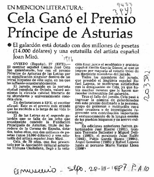 Cela ganó el premio Príncipe de Asturias  [artículo].