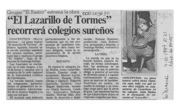 "El lazarillo de Tormes" recorrerá colegios sureños  [artículo] Mario Aravena.