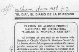 Carmen de Alonso premio nacional de literatura "Carlos R. Mondaca Cortés"  [artículo] Hugo Thénoux Moure.