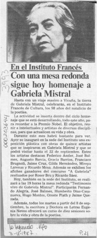 Con una mesa redonda sigue hoy homenaje a Gabriela Mistral  [artículo].