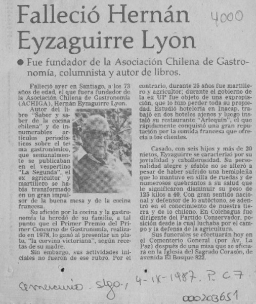 Falleció Hernán Eyzaguirre Lyon  [artículo].