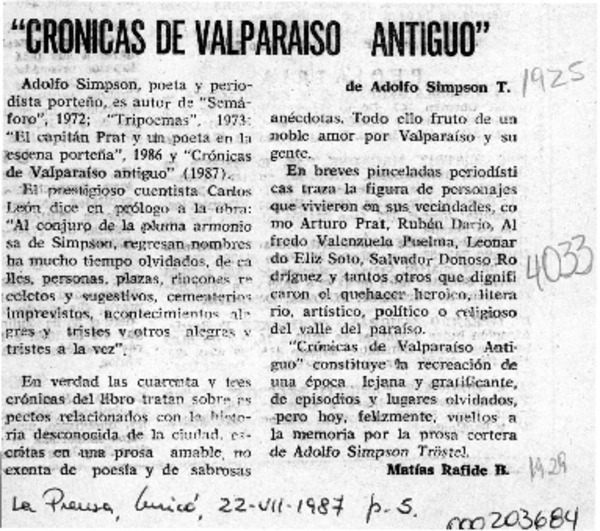 "Crónicas de Valparaíso antiguo"  [artículo] Matías Rafide B.