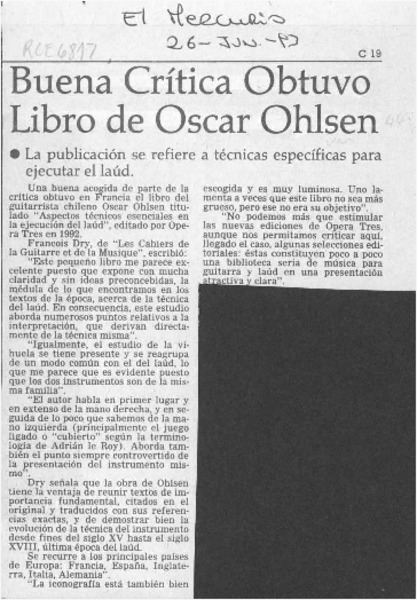 Buena crítica obtuvo libro de Oscar Ohlsen  [artículo].