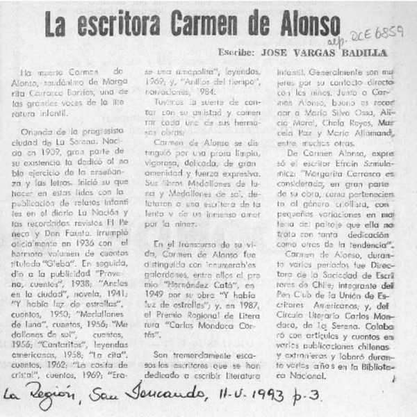 La escritora Carmen de Alonso  [artículo] José Vargas Badilla.
