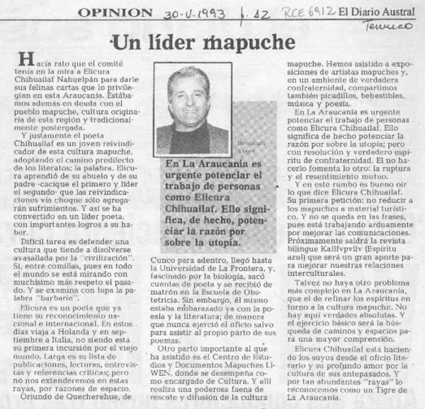 Un líder mapuche  [artículo] Benjamín Vogel.
