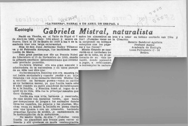 Gabriela Mistral, naturalista  [artículo] Renato Sandoval Aguilera.