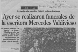 Ayer se realizaron funerales de la escritora Mercedes Valdivieso  [artículo] Richard Vera.