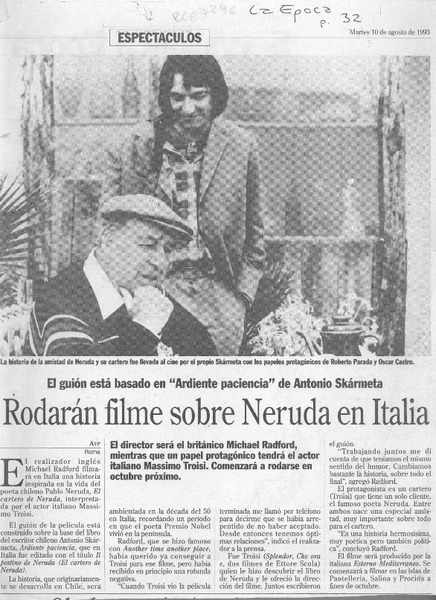 Rodarán filme sobre Neruda en Italia  [artículo].