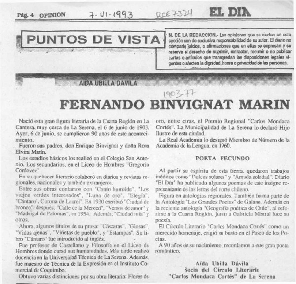 Fernando Binvignat Marín  [artículo] Aída Ubilla Dávila.