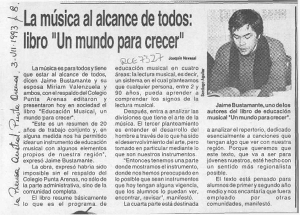 La música al alcance de todos, libro "Un mundo para crecer"  [artículo] Joaquín Navasal.