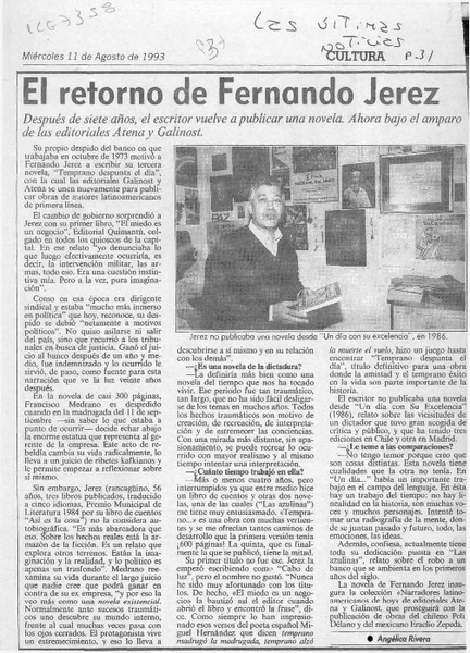 El retorno de Fernando Jerez  [artículo] Angélica Rivera.