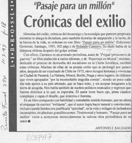 Crónicas del exilio  [artículo] Antonio J. Salgado.