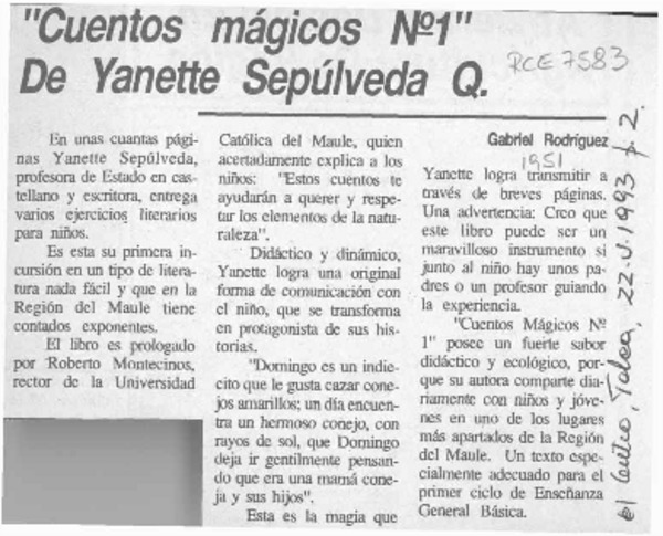 "Cuentos mágicos No. 1" de Yanette Sepúlveda Q.  [artículo] Gabriel Rodríguez.