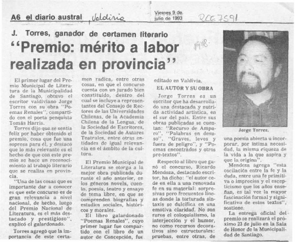 "Premio, mérito a labor realizada en provincia"  [artículo].